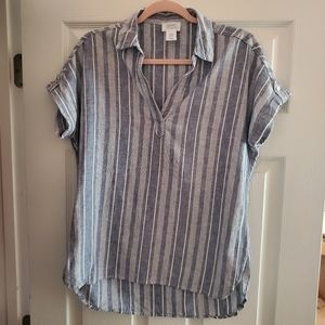 Sigrid Olsen Striped Light Blue V Neck Linen Blend Top Size XS Woman's